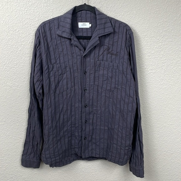 New Rhude Striped Cotton Shirt Button Front Gray Slate Embroidered Logo Mens M - Picture 2 of 16
